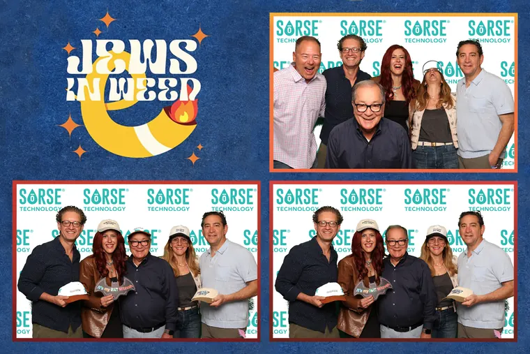 Photo booth strip of seven guests in the Jews in Weed frame