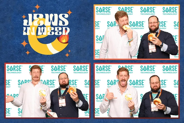 Photo booth strip of two guests clowning for the camera