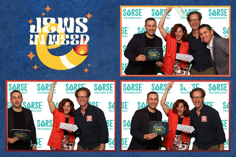 Photo booth strip of guests throwing their hands up