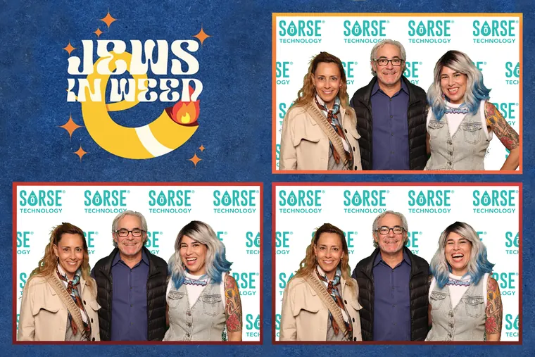 Photo booth strip of three guests with a blue-haired friend